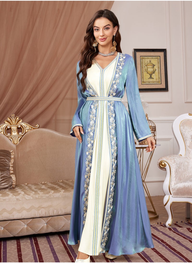 Madam Uniq Muslim Abaya Long Sleeve Open Front Rhinestones Kaftan Cardigan Maxi Dress for Women with Belt  - Image 3