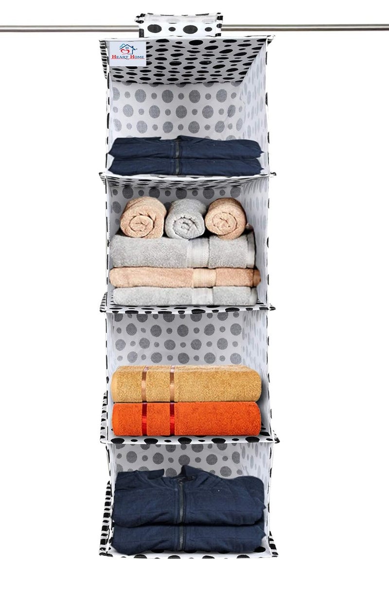 Kuber Industries Heart Home Dot Print 4 Shelf Closet Hanging Organizer 4 Tier Closet Wardrobe Organizer Clothes Storage Hanger for Family Closet Bedroom Foldable and Universal Fit Black WhiteKUBMART15337  - Image 1