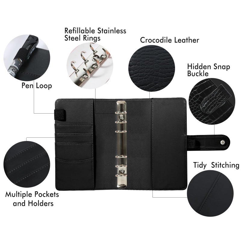 eleger A5 6 Ring Binder Cover Crocodile - Large PU Leather Notebook Binder with Hidden Snap Buckle, Refillable Budget Planner, Black - Image 2