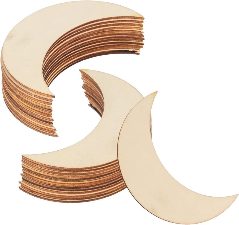Curious Button Set of 25 Pcs Unfinished Blank Wood Pieces, 4 x 4 Inch Natural Wooden Slices Cutouts for DIY Crafts Pyrograph Painting Staining Burning Engraving Carving Coasters (Moon Shape) - Image 1