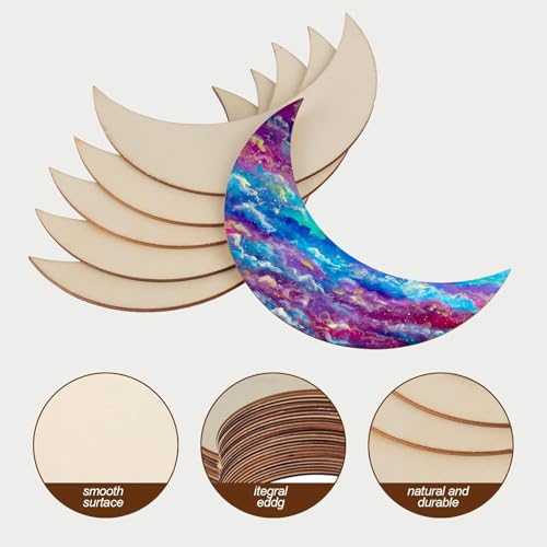 Curious Button Set of 25 Pcs Unfinished Blank Wood Pieces, 4 x 4 Inch Natural Wooden Slices Cutouts for DIY Crafts Pyrograph Painting Staining Burning Engraving Carving Coasters (Moon Shape) - Image 3