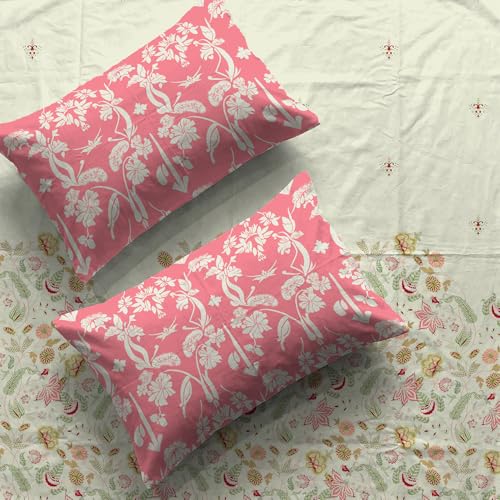 Urban Space Serene 200 TC 100% Cotton Bedsheet for King Bed, Cotton King Bedsheet with 2 Pillow Covers (Vine Gardens Peach Pink, Size 108 x 108 inches) - Image 1
