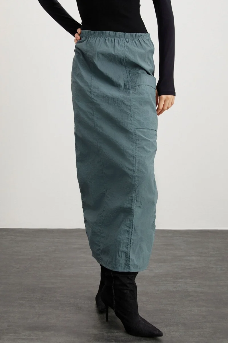 جريميلانج Cheri Women's Elastic Waist Waterproof Parachute Fabric Long Green Skirt