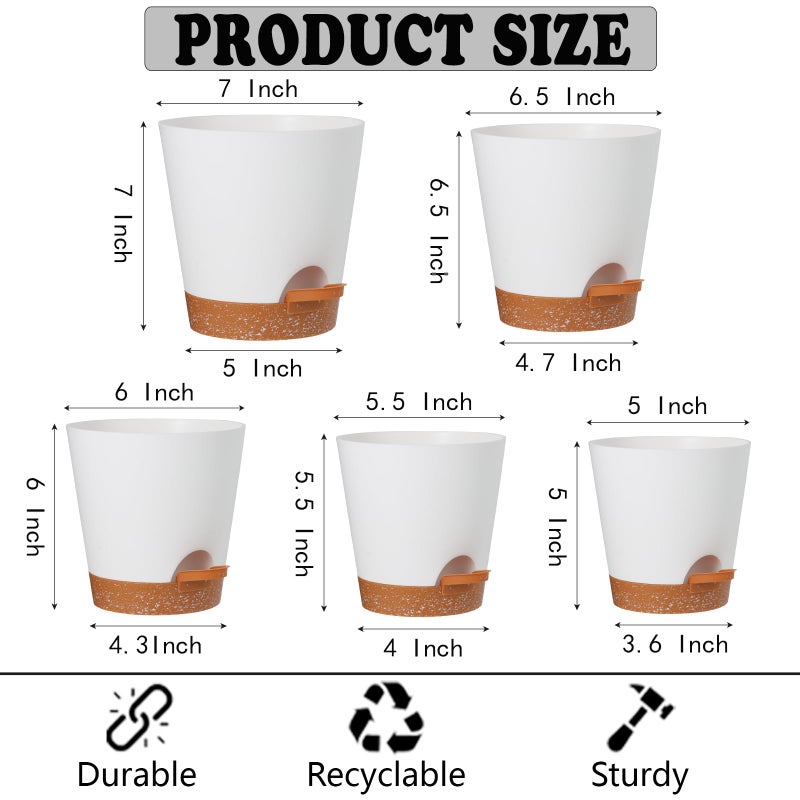 SE SUN-E Plant Pots Outdoor Self Watering Pots, Flower Pots with Drainage Hole and Reservoir White Plastic Planters for Indoor Plants Home Decorations Gift Idea 5Pack - Image 2