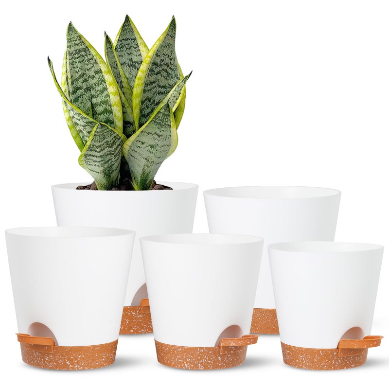 SE SUN-E Plant Pots Outdoor Self Watering Pots, Flower Pots with Drainage Hole and Reservoir White Plastic Planters for Indoor Plants Home Decorations Gift Idea 5Pack - Image 1