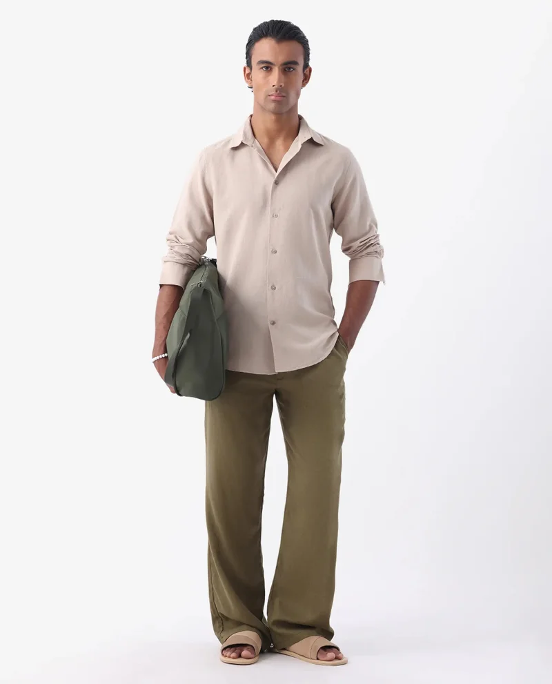 Rare Rabbit Rare Rabbit Men's Linux Light Beige Linen Blend Fabric Full Sleeves Regular Fit Solid Shirt