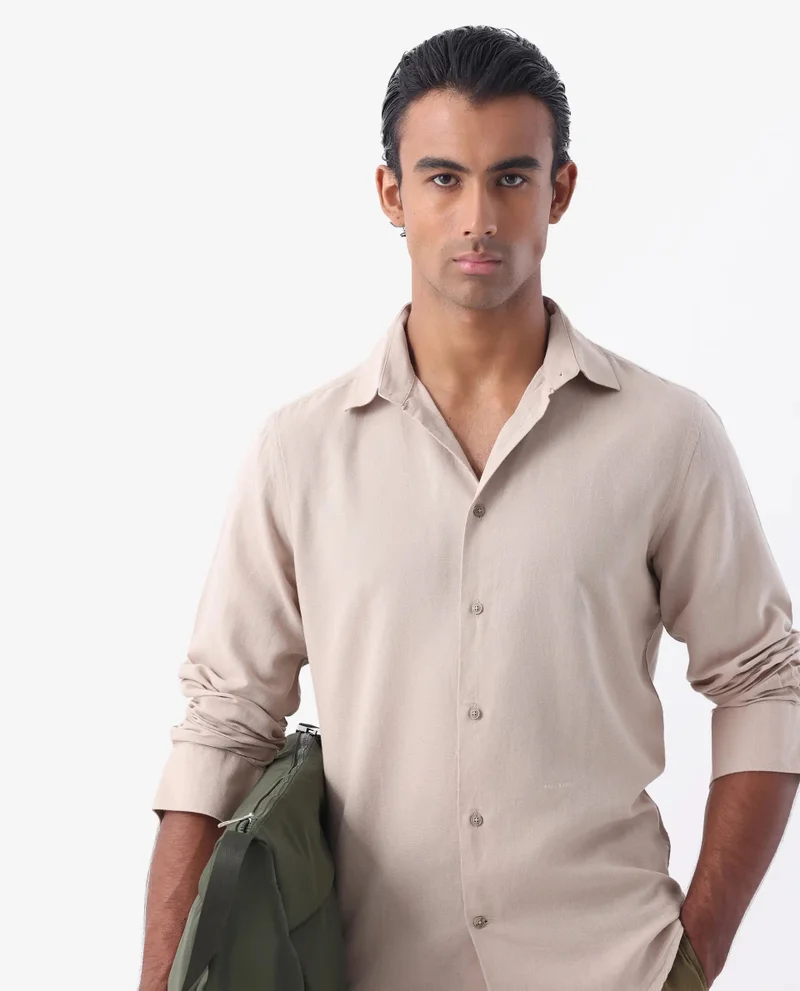 Rare Rabbit Rare Rabbit Men's Linux Light Beige Linen Blend Fabric Full Sleeves Regular Fit Solid Shirt