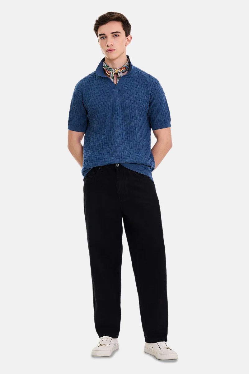 سنيتش Blue Textured Half Sleeve Regular Fit Casual T-Shirt