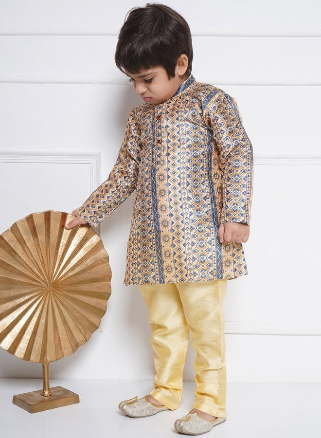 AJ DEZINES Kids Ethnic Wear Cotton Satin Printed Beige Kurta Pajama Set For Boys (1259-Beige-9) - Image 5