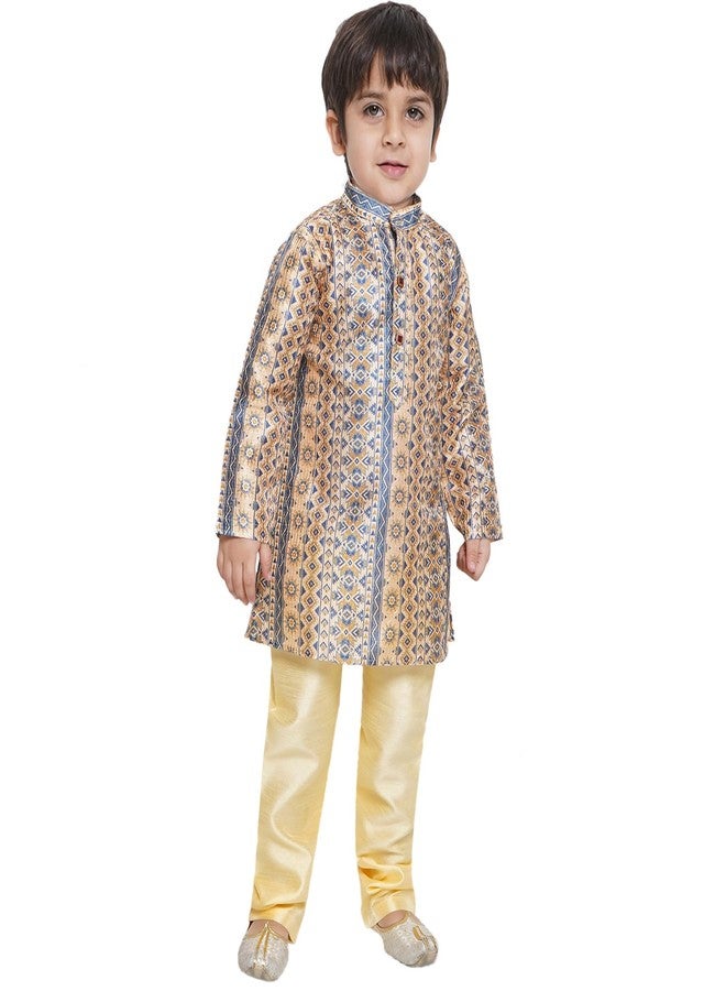 AJ DEZINES Kids Ethnic Wear Cotton Satin Printed Beige Kurta Pajama Set For Boys (1259-Beige-9) - Image 1