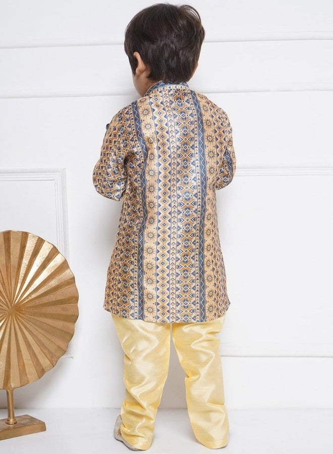 AJ DEZINES Kids Ethnic Wear Cotton Satin Printed Beige Kurta Pajama Set For Boys (1259-Beige-9) - Image 4