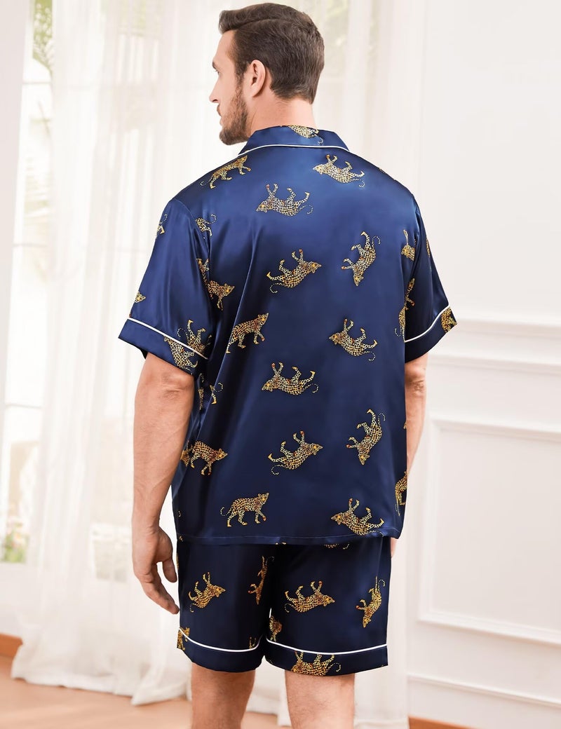 SWOMOG Men Silk Pajama Set Short Sleeve Satin PJs Sets 2 Piece Button Down Sleepwear Soft Summer Loungewear with Pockets - Image 4