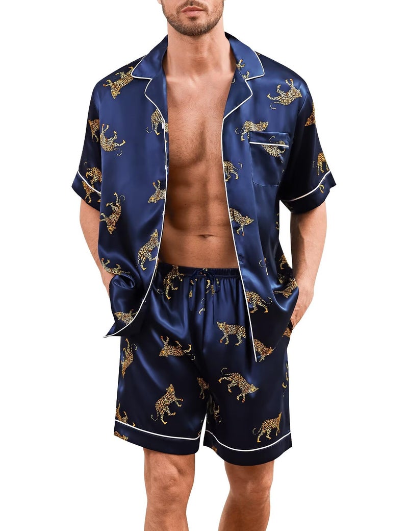 SWOMOG Men Silk Pajama Set Short Sleeve Satin PJs Sets 2 Piece Button Down Sleepwear Soft Summer Loungewear with Pockets - Image 1
