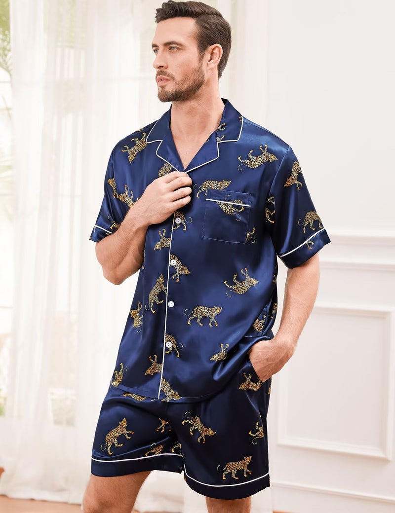 SWOMOG Men Silk Pajama Set Short Sleeve Satin PJs Sets 2 Piece Button Down Sleepwear Soft Summer Loungewear with Pockets - Image 3