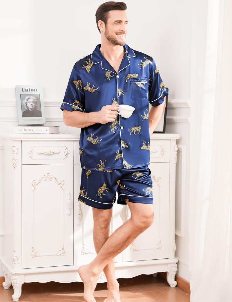 SWOMOG Men Silk Pajama Set Short Sleeve Satin PJs Sets 2 Piece Button Down Sleepwear Soft Summer Loungewear with Pockets - Image 5