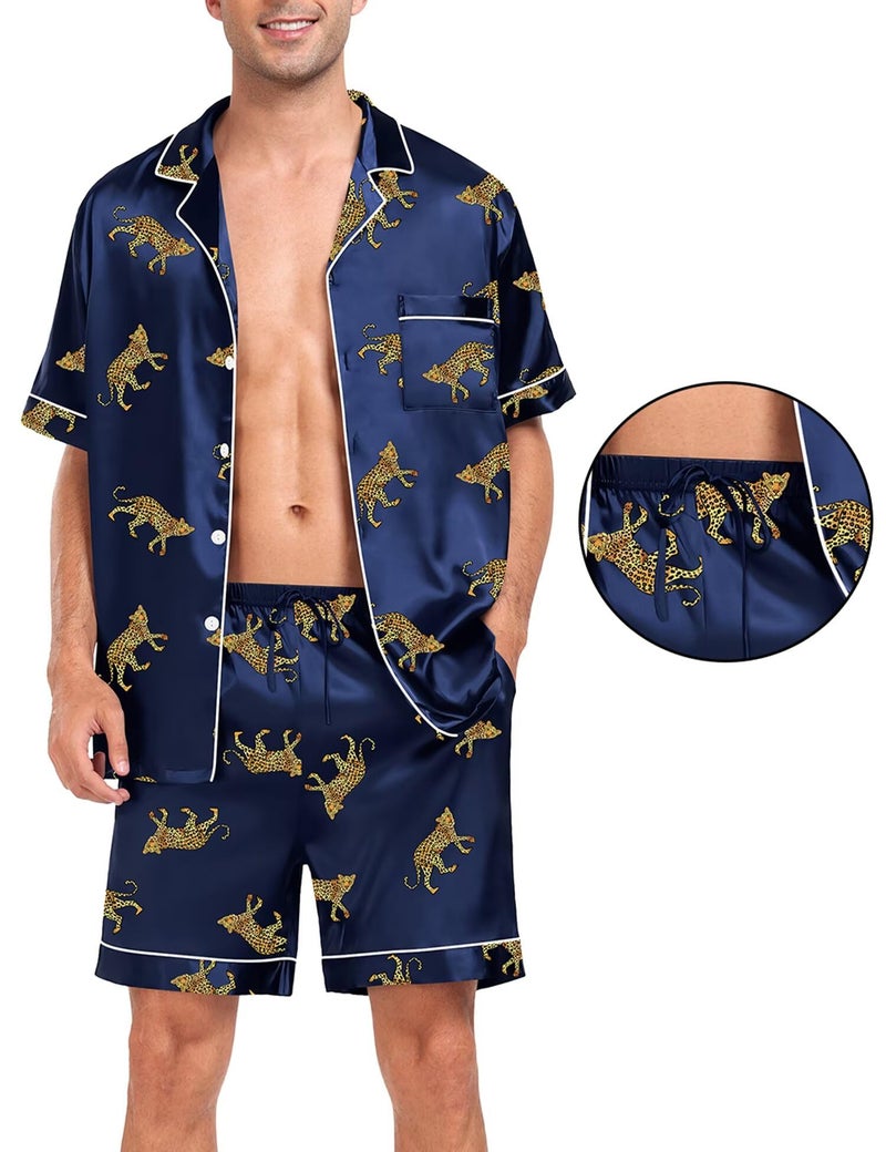 SWOMOG Men Silk Pajama Set Short Sleeve Satin PJs Sets 2 Piece Button Down Sleepwear Soft Summer Loungewear with Pockets - Image 2