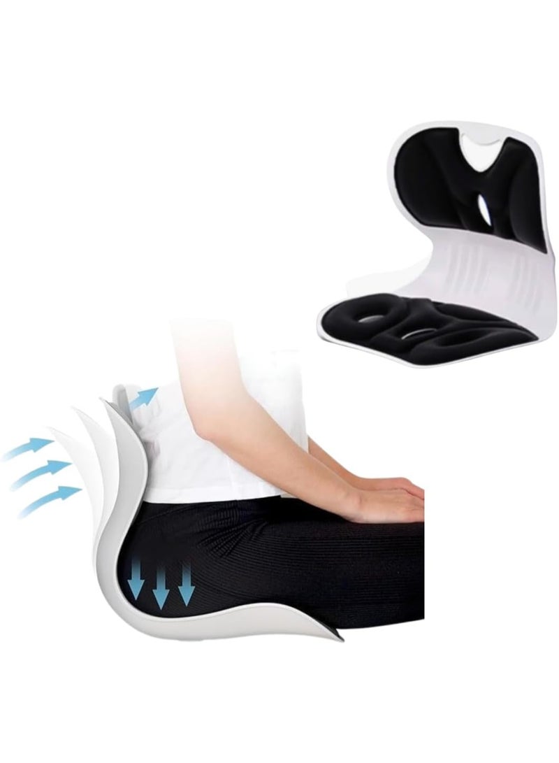 كرسي مريح شديد التحمل مع دعم الظهر والمنطقة السفلية منه، وسادة تصحيح الوضعية لتخفيف آلام أسفل الظهر، مقعد مضغوط للمنزل والمكتب والسيارة، مقعد 33 سم بظهر مريح 31 سم (أسود) - Image 1