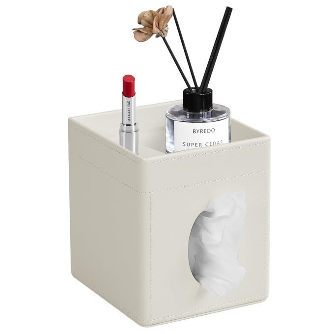 TISSUE BOX COVER PU LEATHER SQUARE TISSUE BOX HOLDER WITH STORAGE TRAY FOR BATHROOM VANITY COUNTERTOP NIGHT STANDS BEDROOM OFFICE DESK STYLISH TISSUE HOLDER DECORATIVE ORGANIZER CREAM