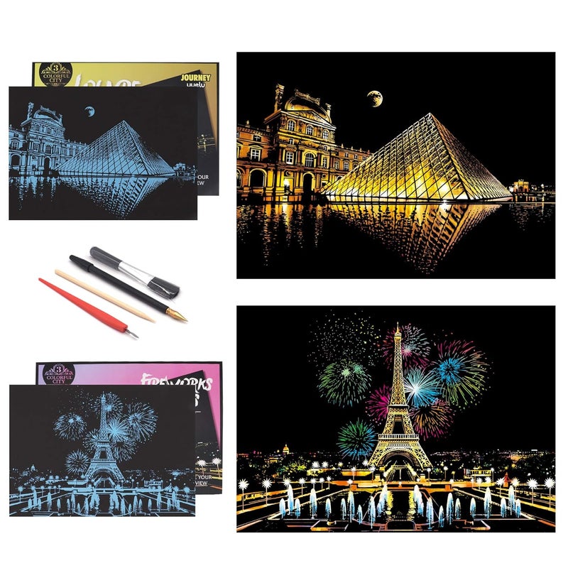 BOTEEN Rainbow Scratch Painting Paper Scratch Off Craft Kits for City Series Night SceneSketch DIY Creative GiftScratchboard for Adult and KidsSize 11x16with 4 ToolsFrench Series