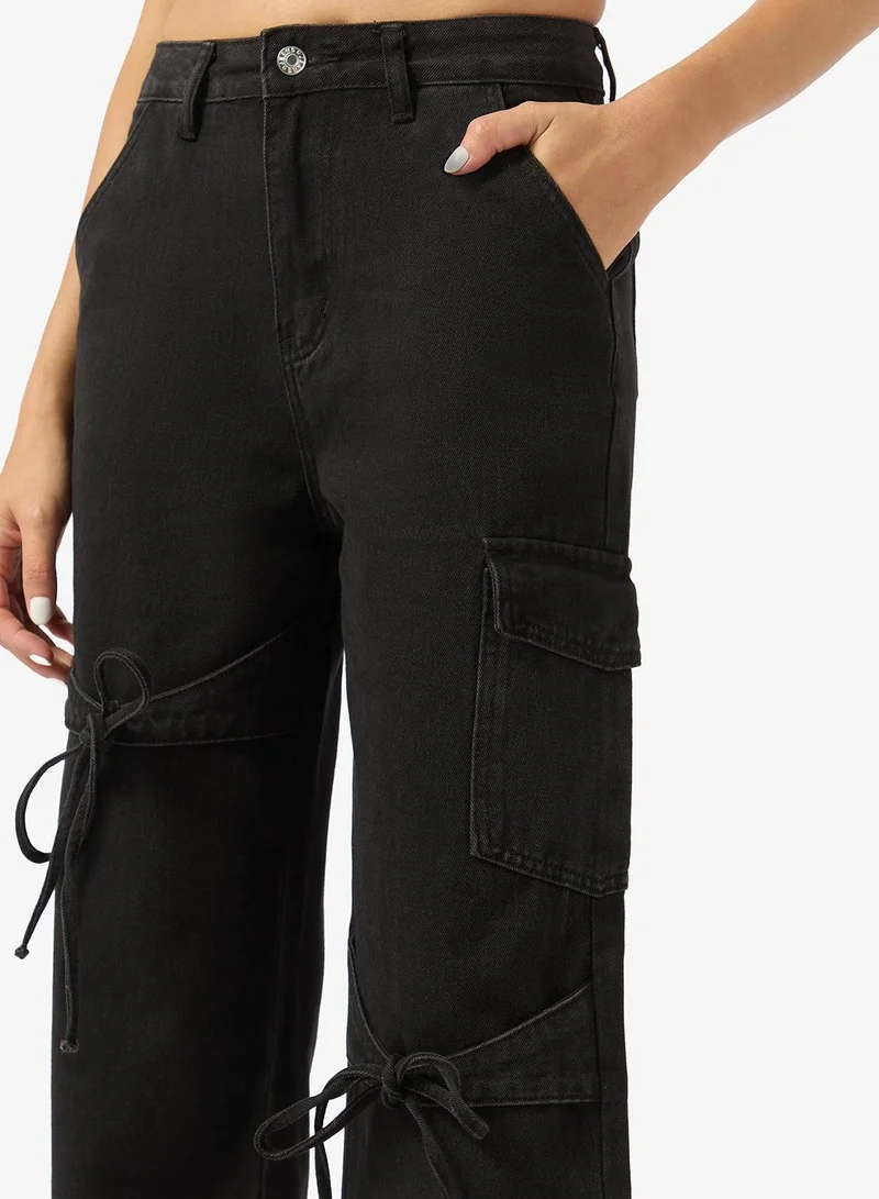 Ginger  High Rise Straight Fit Jeans with Bow Detail for Women | Best Price UAE