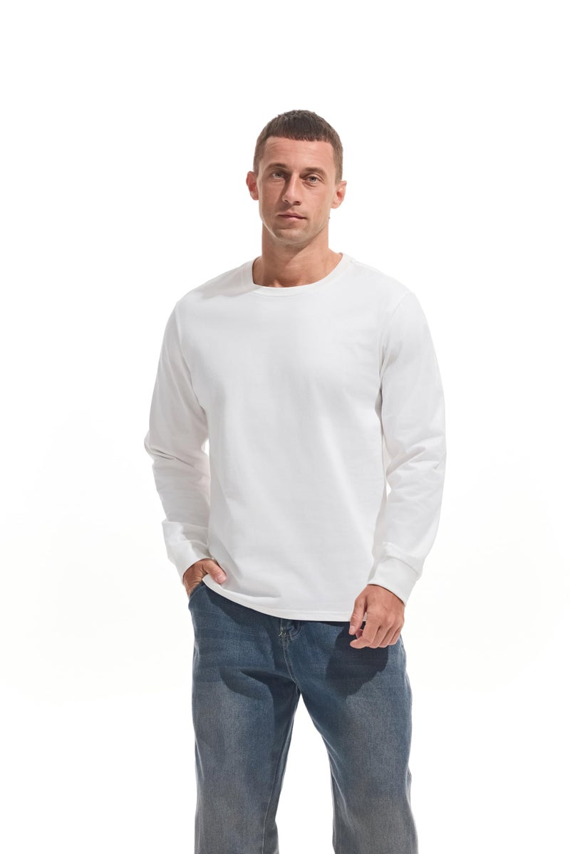 VEIISAR Men's Heavy Weight Crew Neck Long Sleeve T Shirt - Mens 100 Cotton Thick Pre Shrunk Shirts White XL - Image 3