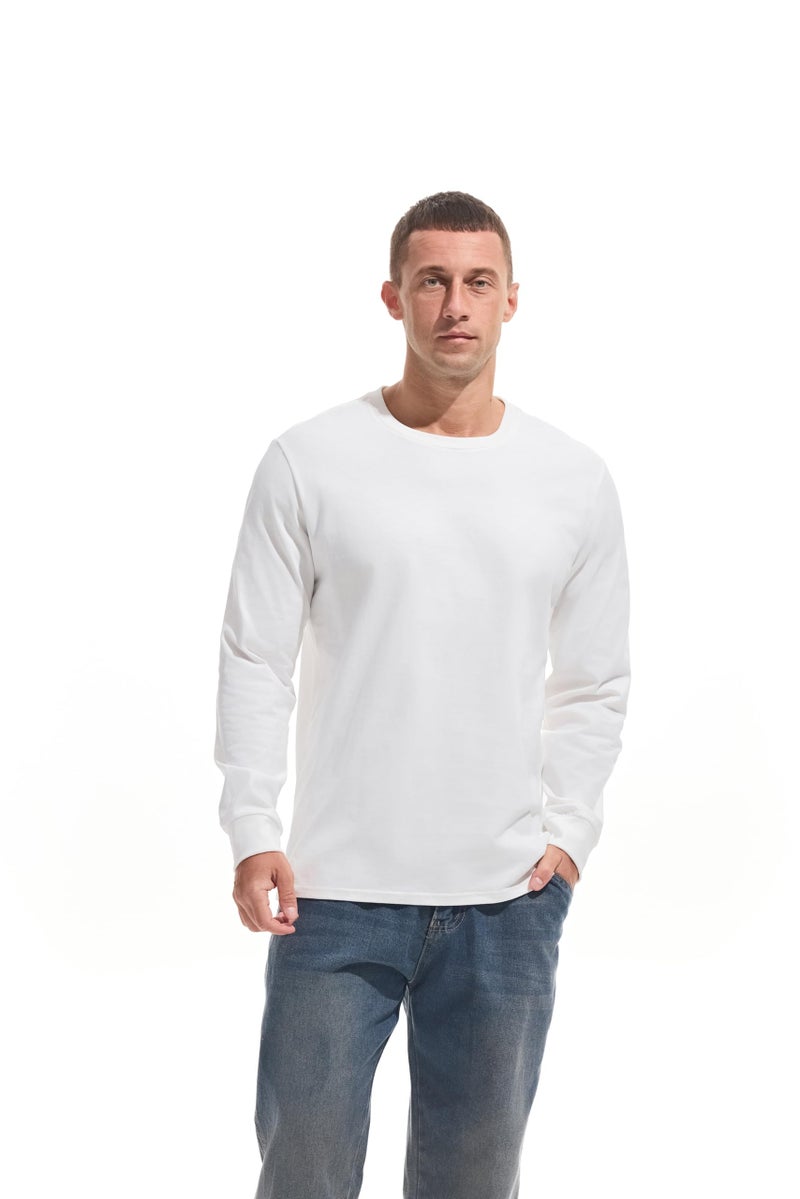VEIISAR Men's Heavy Weight Crew Neck Long Sleeve T Shirt - Mens 100 Cotton Thick Pre Shrunk Shirts White XL - Image 2