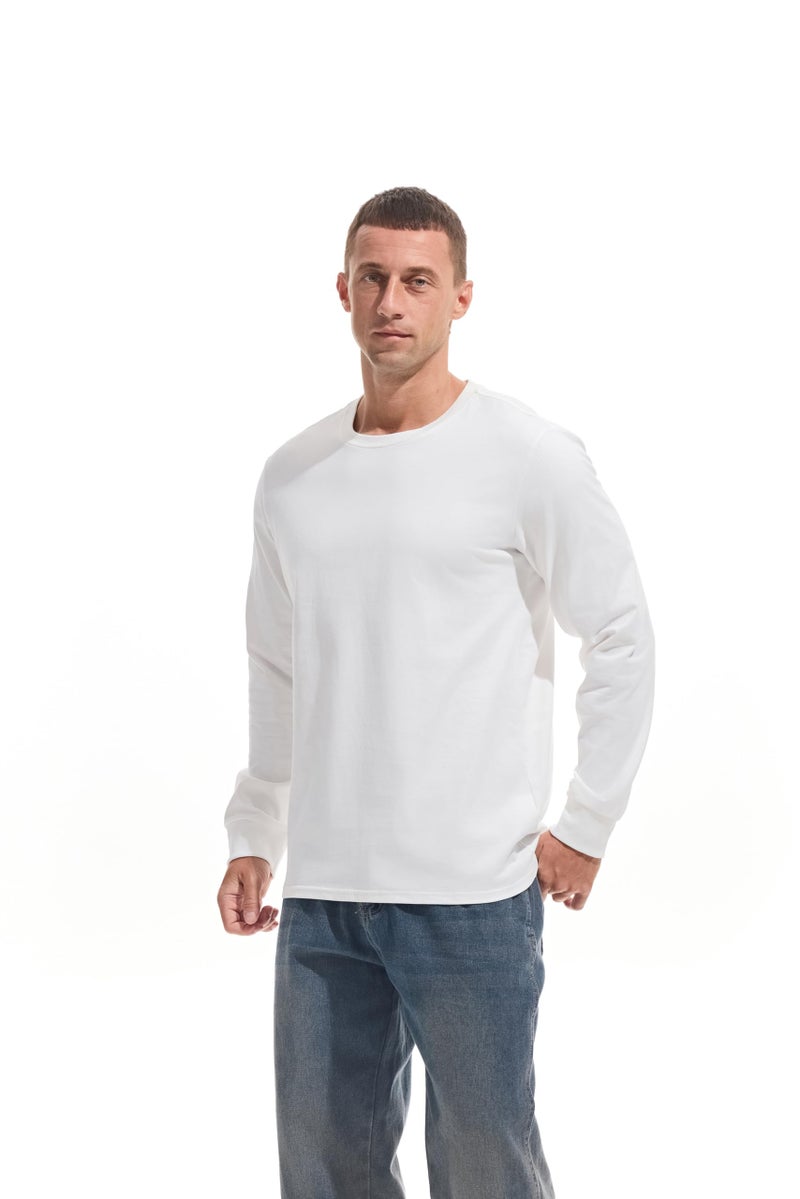 VEIISAR Men's Heavy Weight Crew Neck Long Sleeve T Shirt - Mens 100 Cotton Thick Pre Shrunk Shirts White XL - Image 5