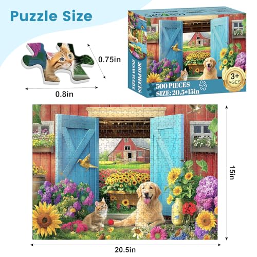 VOLUVOLU 500 Piece Animal Farm Puzzle for Adults Spring Flowers Jigsaw Puzzle 500 Piece Dog and Cat Puzzle as Home Decor Friends Family Activity Game Nights Gifts 20515 in - Image 5