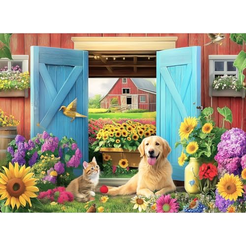 VOLUVOLU 500 Piece Animal Farm Puzzle for Adults Spring Flowers Jigsaw Puzzle 500 Piece Dog and Cat Puzzle as Home Decor Friends Family Activity Game Nights Gifts 20515 in - Image 1