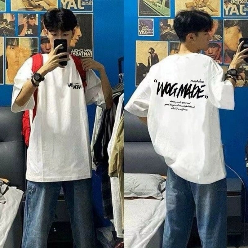 American high street 100% cotton short-sleeved t-shirt men's summer fashion brand oversize loose heavyweight handsome top - Image 1
