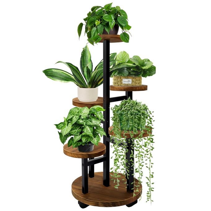 GEEBOBO 5 Tier Plant Stand With 4 Wheels Metal Wood Tall Plant Stands For Indoor Plants Multiple Corner Tiered Flower Plants Shelf Stand for Living Room Bedroom Brown