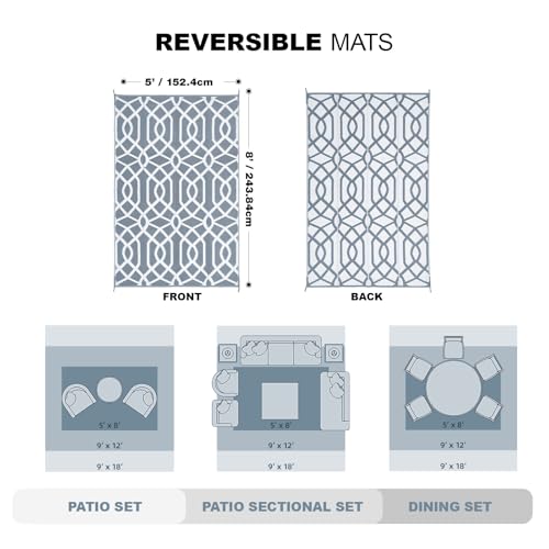 wikiwiki Outdoor Rug, 5x8ft Waterproof Reversible Mat Indoor Outdoor Rugs Carpet, Small Area Rug Plastic Straw Rug for Patio Deck Balcony Pool RV Camping Beach Picnic, Grey, Rugscape Series - Image 2
