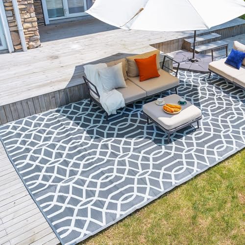 wikiwiki Outdoor Rug, 5x8ft Waterproof Reversible Mat Indoor Outdoor Rugs Carpet, Small Area Rug Plastic Straw Rug for Patio Deck Balcony Pool RV Camping Beach Picnic, Grey, Rugscape Series - Image 1