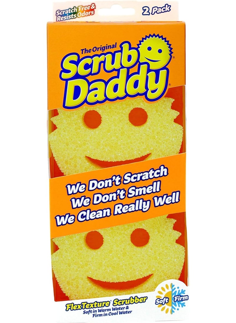 Scrub Daddy Original Dish Sponge Twin Pack, Smiley Face Sponges for Cleaning & Washing Up - Multipack Kitchen Non Scratch Scourers with FlexTexture Firm & Soft Scrubbing, Dishwashing Scrubber - Yellow - Image 1
