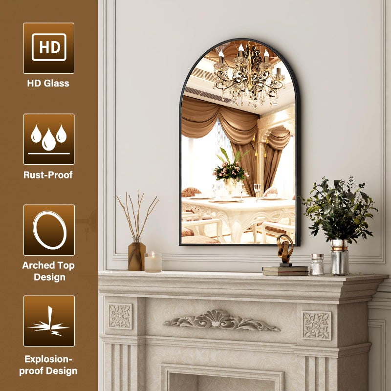 XRAMFY 24"x36" Black Arched Bathroom Mirror - Wall Mirror for Bathroom, Metal Frame Vanity Mirror, Dresser Mirror, Arch Decorative Mirrors for Living Room, Bedroom, Entryway, Mantle - Image 5