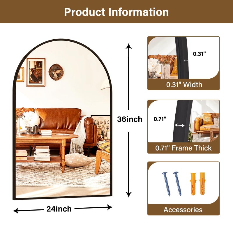 XRAMFY 24"x36" Black Arched Bathroom Mirror - Wall Mirror for Bathroom, Metal Frame Vanity Mirror, Dresser Mirror, Arch Decorative Mirrors for Living Room, Bedroom, Entryway, Mantle - Image 4