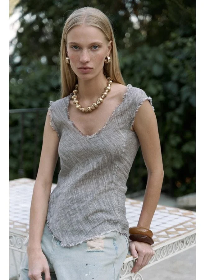 Bohemai Veilinas Asymmetric Coffee Linen Crop.