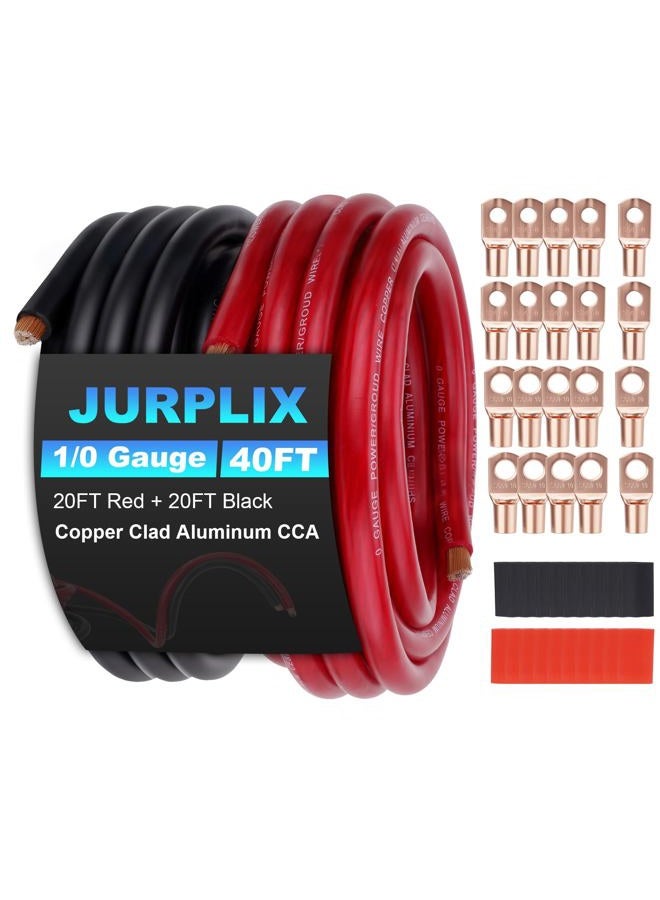 JURPLIX 1/0 Gauge Wire 1/0 AWG Battery Cable (20FT Red+20FT Black), Copper Clad Aluminum CCA Amp Wiring Kit, Automotive Wire with Terminals Connectors, for Car Audio Speaker, Marine, RV Trailer, Welding Cable - Image 1
