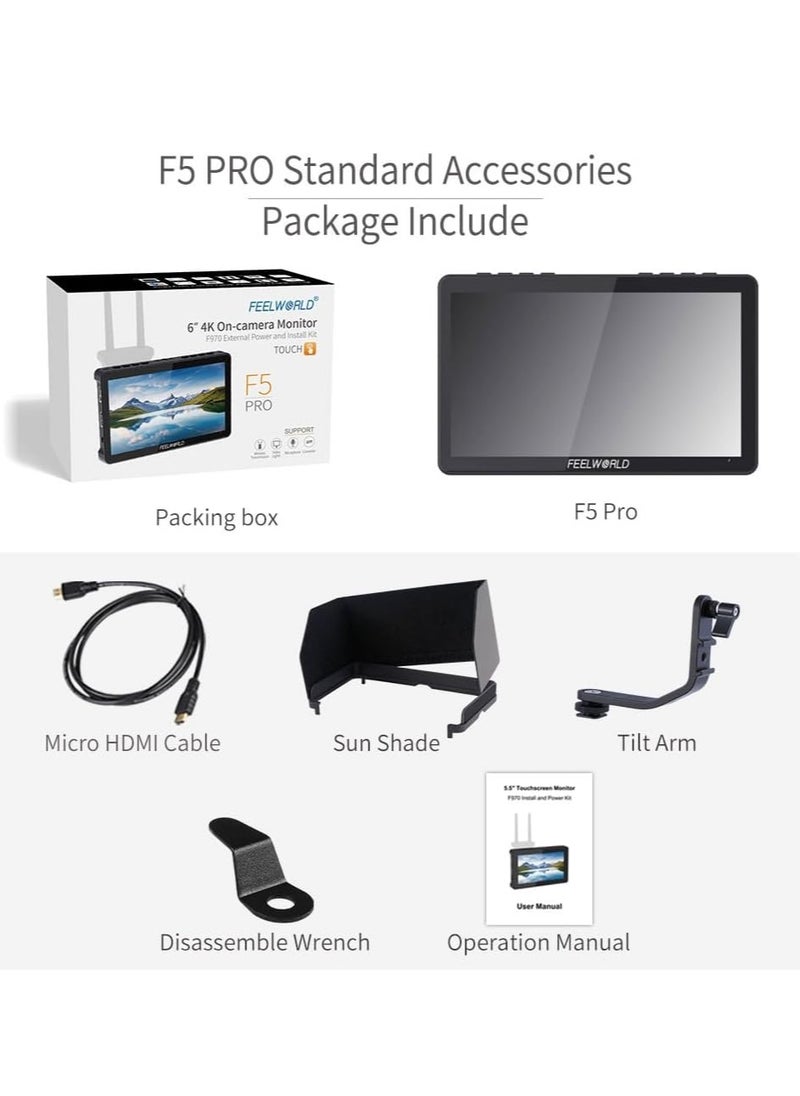 FEELWORLD F5 Pro V4 6 inch 1920×1080 IPS Touch Screen Camera Field Monitor, 4K HDMI, Waveform, 3D LUT, Rec.709 Standard, with Tilt Arm, for Live Streaming, Selfie, Photo, Video Monitoring