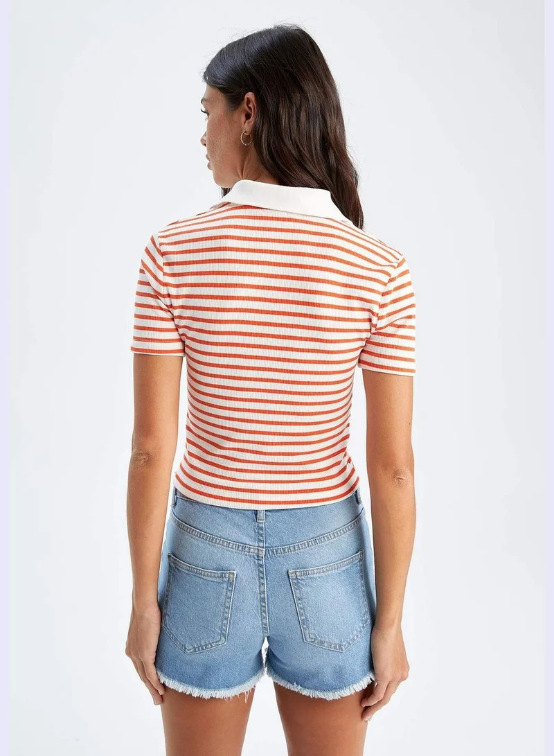 DeFacto Slim Fit V-Neck Short Sleeve Striped Crop Top
