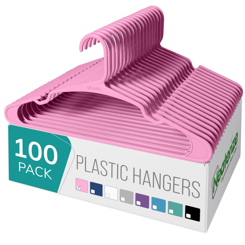 NEATERIZE Clothes Hangers Plastic 100 Pack for Adults - Plastic Hangers, The Perfect Coat Hanger and Space Saving Clothes Hangers for Closet - Pink Hangers - Image 1