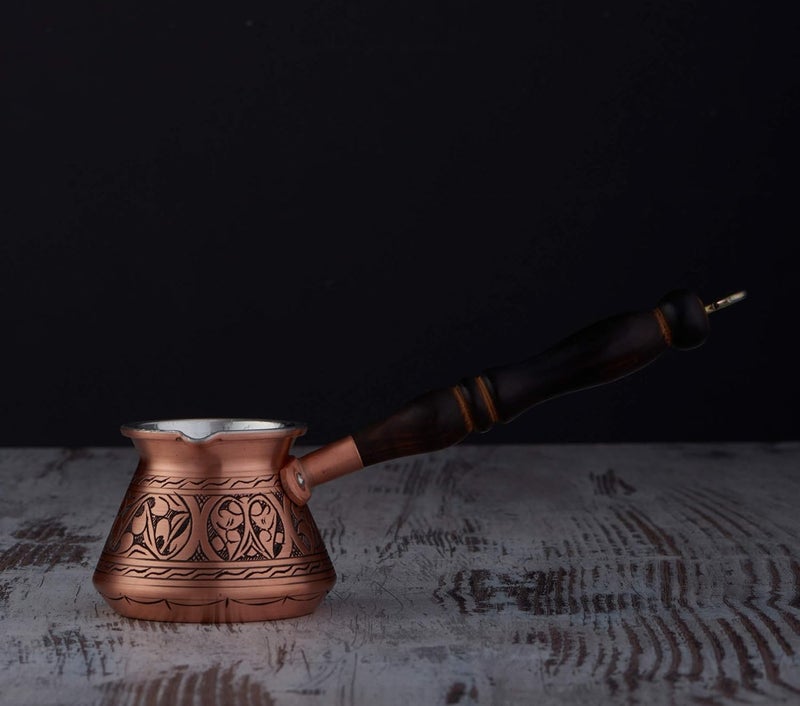 DEMMEX 2mm Thickest Copper Turkish Greek Arabic Coffee Pot Engraved Stovetop Coffee Maker Cezve Ibrik Briki with Wooden Handle & Spoon, for 3 People (Matte Copper) - Image 3