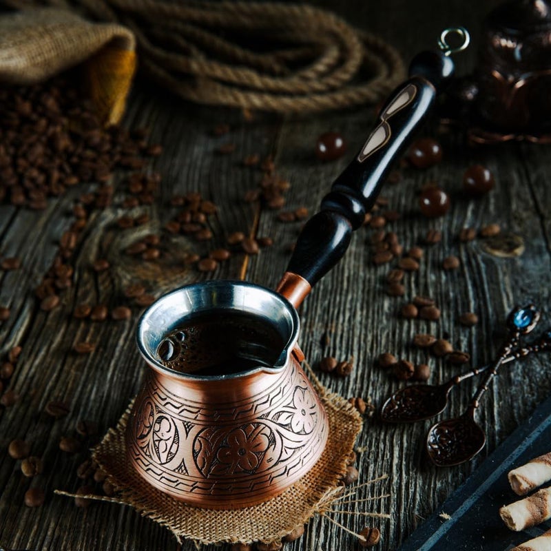 DEMMEX 2mm Thickest Copper Turkish Greek Arabic Coffee Pot Engraved Stovetop Coffee Maker Cezve Ibrik Briki with Wooden Handle & Spoon, for 3 People (Matte Copper) - Image 5