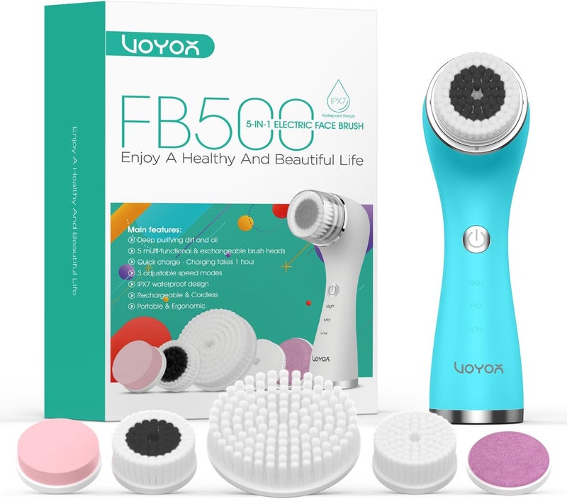 VOYOR Facial Cleansing Brush Rechargeable Electric Face Cleanser Brush with 5 Brush Heads for Exfoliating Removing Blackhead and Massaging IPX7 Waterproof FB500 Blue