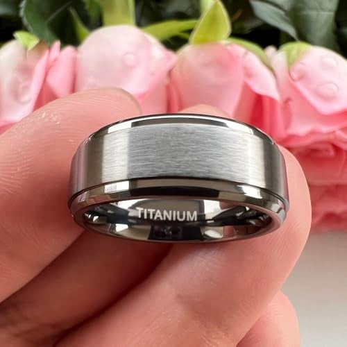 TUTISS 8mm Gunmetal Titanium Rings for Men Women Engagement Wedding Bands Matte Finish Stepped Beveled Edges Comfort Fit Size 7 - Image 3