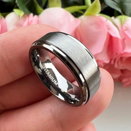 TUTISS 8mm Gunmetal Titanium Rings for Men Women Engagement Wedding Bands Matte Finish Stepped Beveled Edges Comfort Fit Size 7 - Image 2