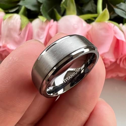 TUTISS 8mm Gunmetal Titanium Rings for Men Women Engagement Wedding Bands Matte Finish Stepped Beveled Edges Comfort Fit Size 7 - Image 4