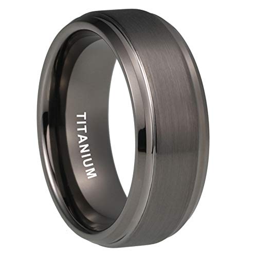 TUTISS 8mm Gunmetal Titanium Rings for Men Women Engagement Wedding Bands Matte Finish Stepped Beveled Edges Comfort Fit Size 7 - Image 1
