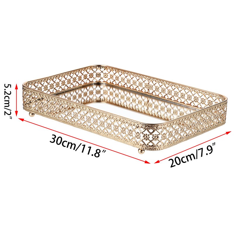 ELLDOO Perfume & Makeup Vanity Tray - Hollow-Carved Jewelry Storage, Glass & Metal Trinket Organizer for Dresser & Bathroom Countertop, Gold, Medium Size - Image 2