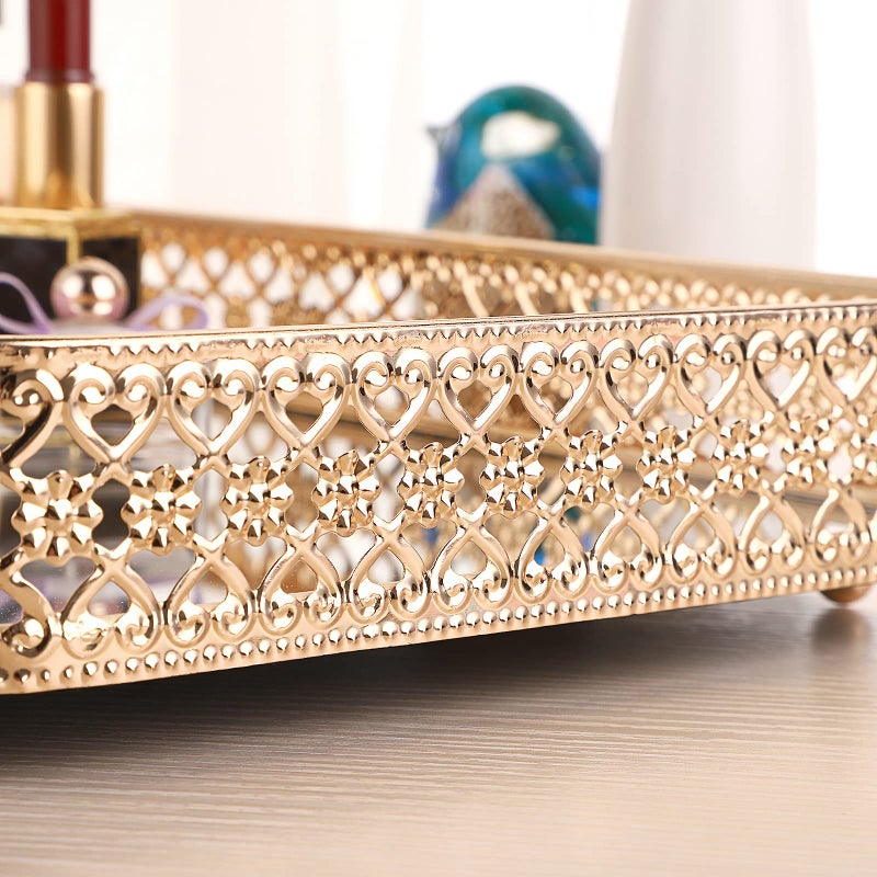 ELLDOO Perfume & Makeup Vanity Tray - Hollow-Carved Jewelry Storage, Glass & Metal Trinket Organizer for Dresser & Bathroom Countertop, Gold, Medium Size - Image 5